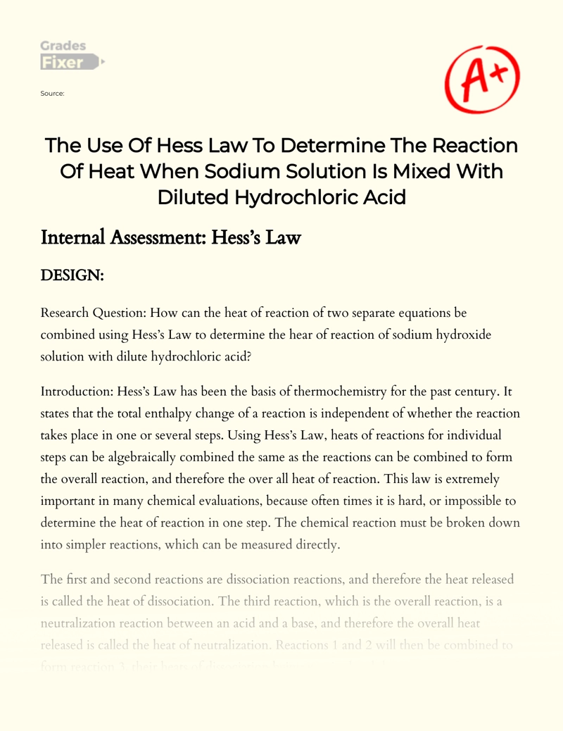 Hess Law in Heat Reactions of Sodium Solution and Hydrochloric Acid Essay