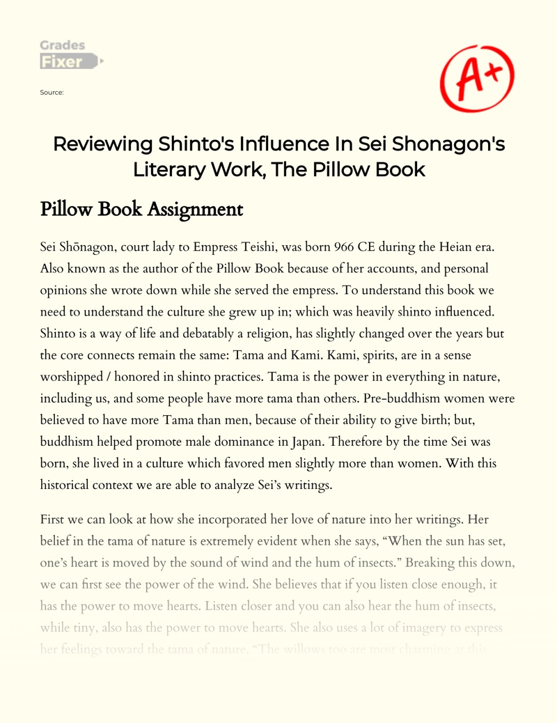 Reviewing Shinto's Influence in Sei Shonagon's Literary Work, The Pillow Book essay