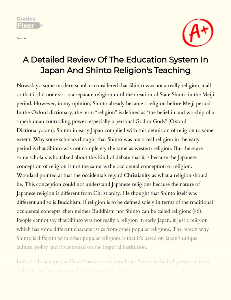 A Detailed Review of The Education System in Japan and Shinto Religion's Teaching Essay