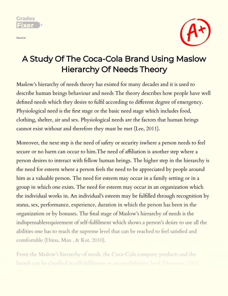 A Study of The Coca-cola Brand Using Maslow Hierarchy of Needs Theory essay
