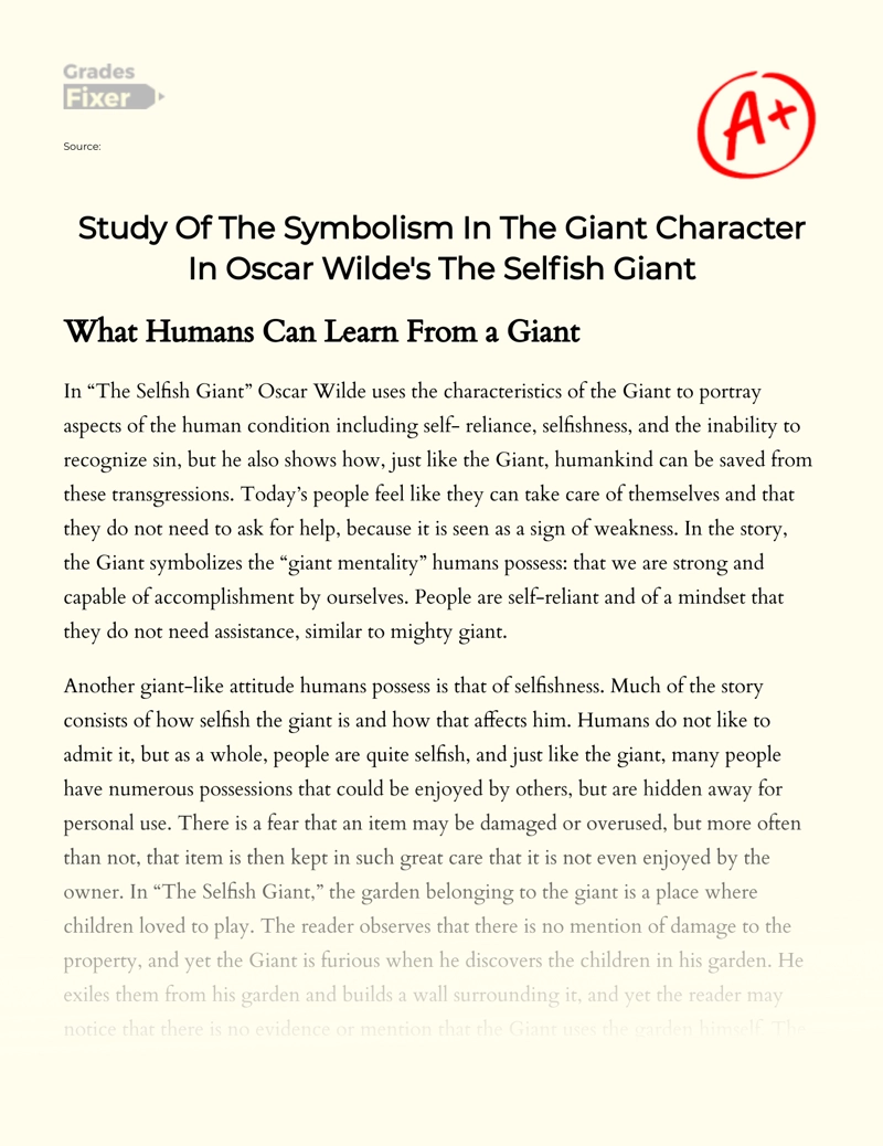Study of The Symbolism in The Giant Character in Oscar Wilde's The Selfish Giant Essay