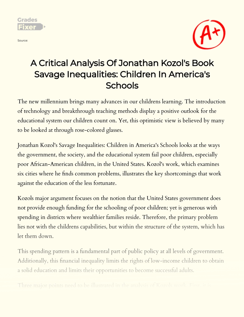 A Critical Analysis of Jonathan Kozol's Book Savage Inequalities: Children in America's Schools Essay