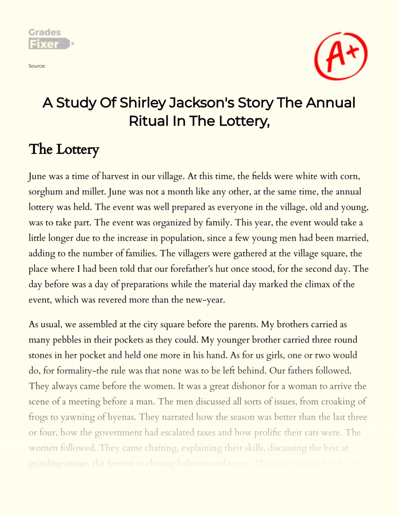 A Study of Shirley Jackson's Story The Annual Ritual in The Lottery Essay