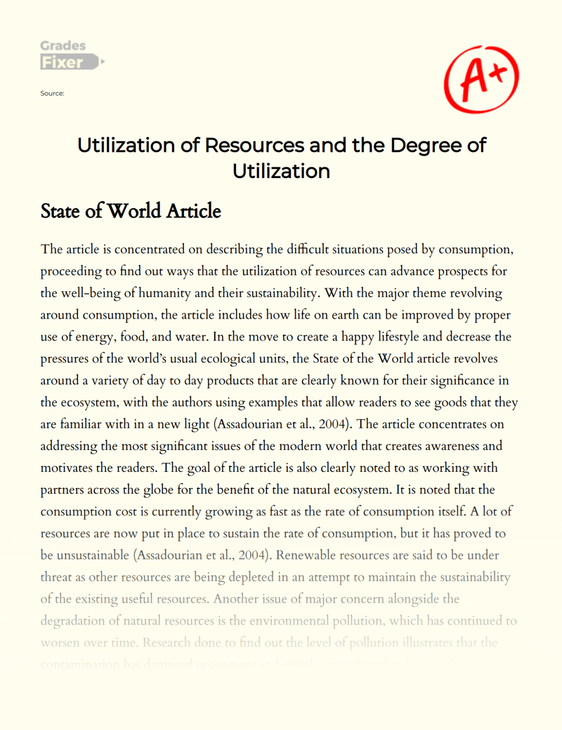 Utilization of Resources and The Degree of Utilization Essay