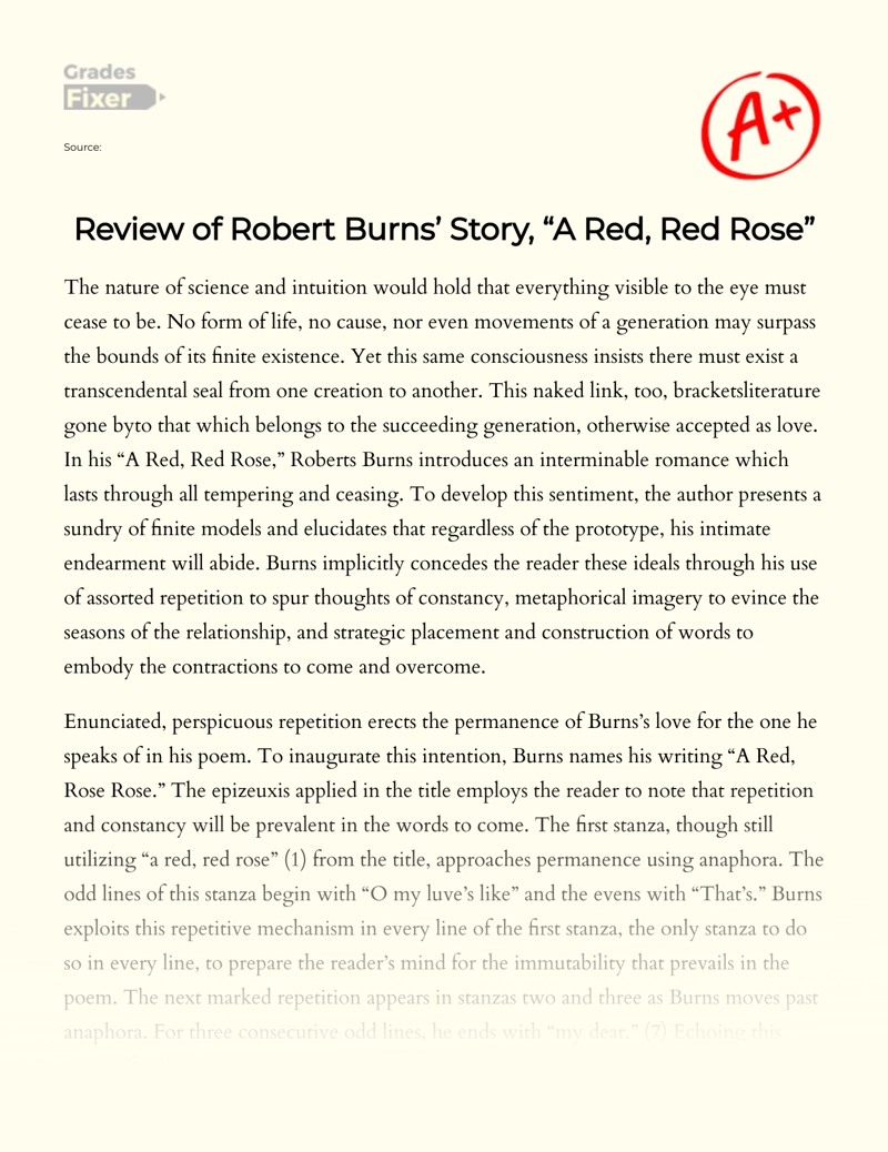 Review of Robert Burns’ Story, "A Red, Red Rose" Essay