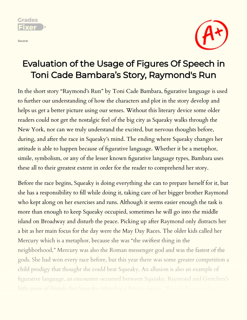 Evaluation of The Usage of Figures of Speech in Toni Cade Bambara’s Story, Raymond's Run Essay