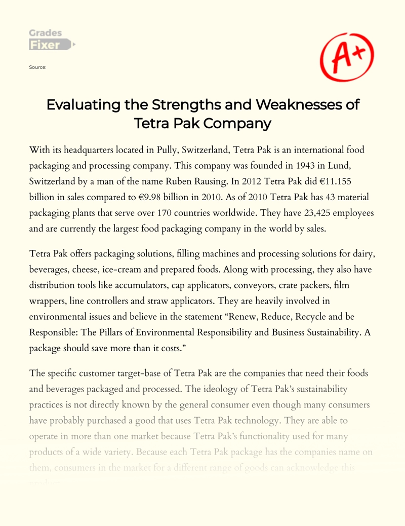 Evaluating The Strengths and Weaknesses of Tetra Pak Company Essay