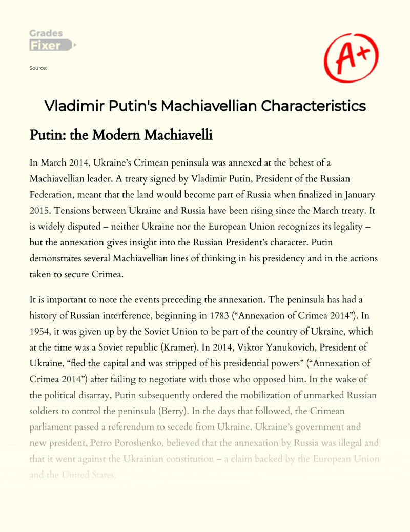 Vladimir Putin's Machiavellian Characteristics Essay