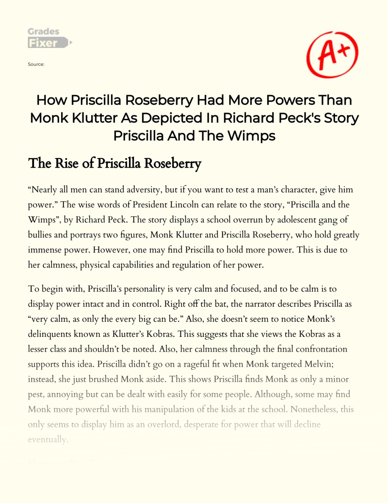 Priscilla Roseberry Vs. Monk Klutter in Richard Peck's "Priscilla and The Wimps" Essay