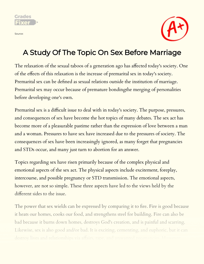 A Study of The Topic on Sex before Marriage essay