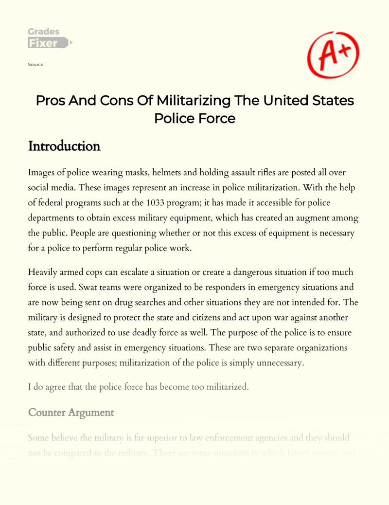 Militarization of Police: Pros and Cons  Essay