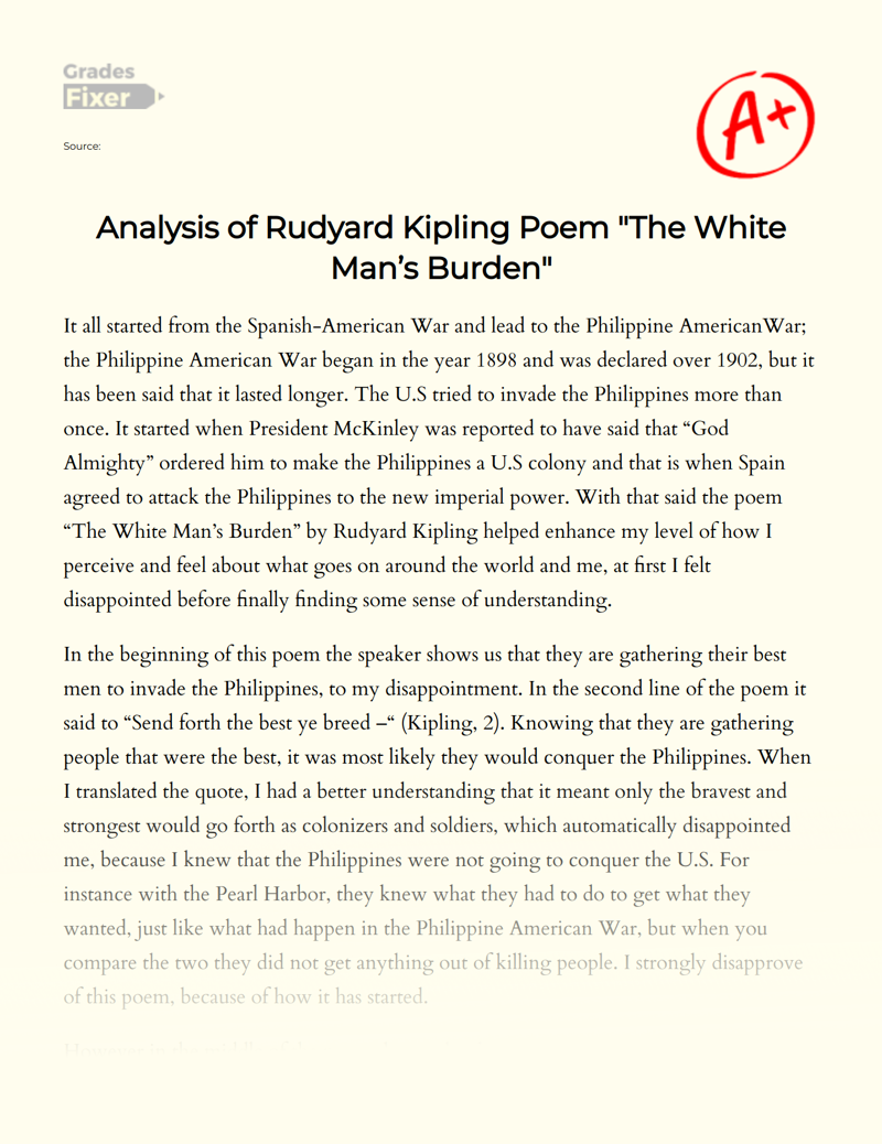 Analysis of Rudyard Kipling Poem "The White Man’s Burden" Essay
