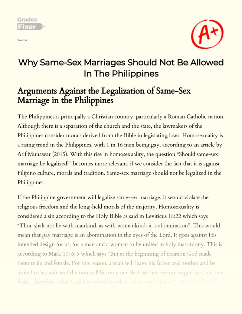 Why Same-sex Marriages Should not Be Allowed in The Philippines essay