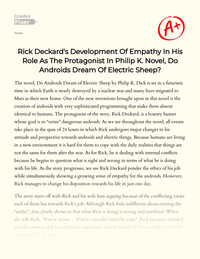 Development of Protagonist in Philip K. Novel "Do Androids Dream of Electric Sheep" essay