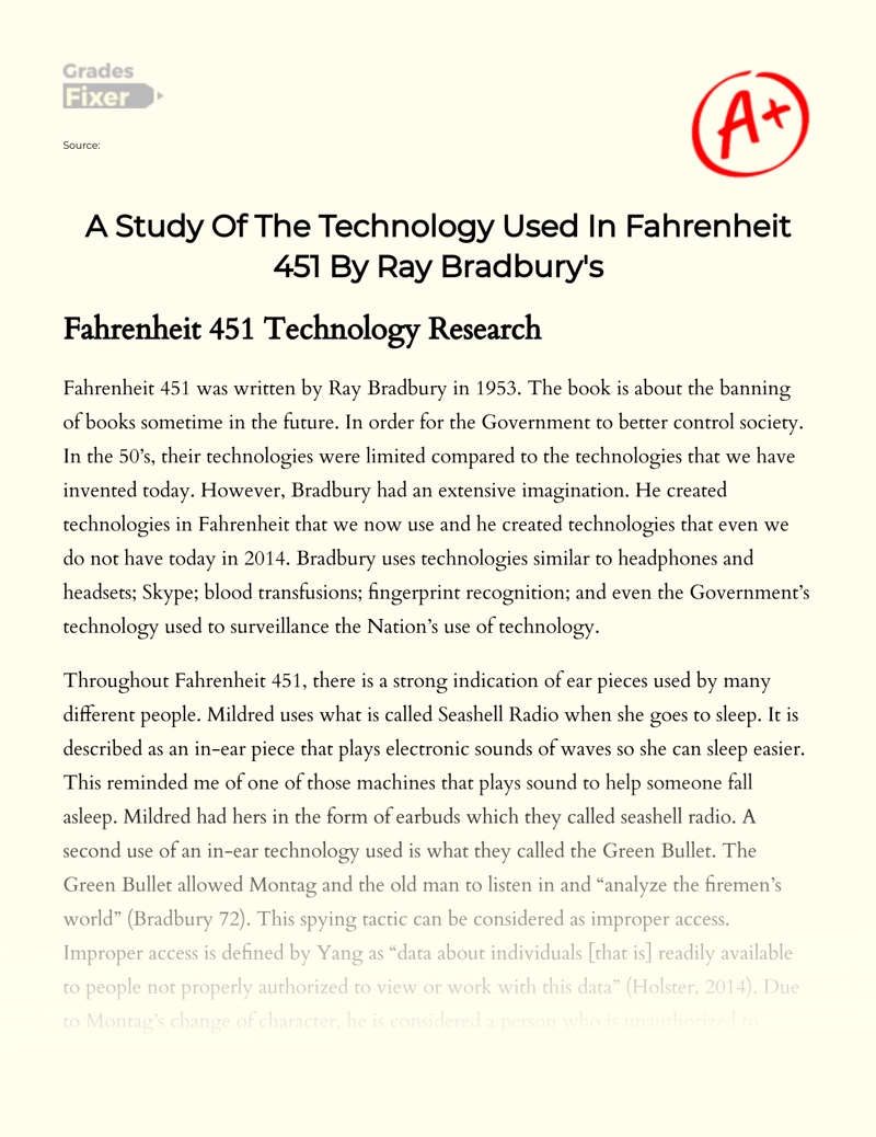 A Study of The Technology Used in Fahrenheit 451 by Ray Bradbury's essay