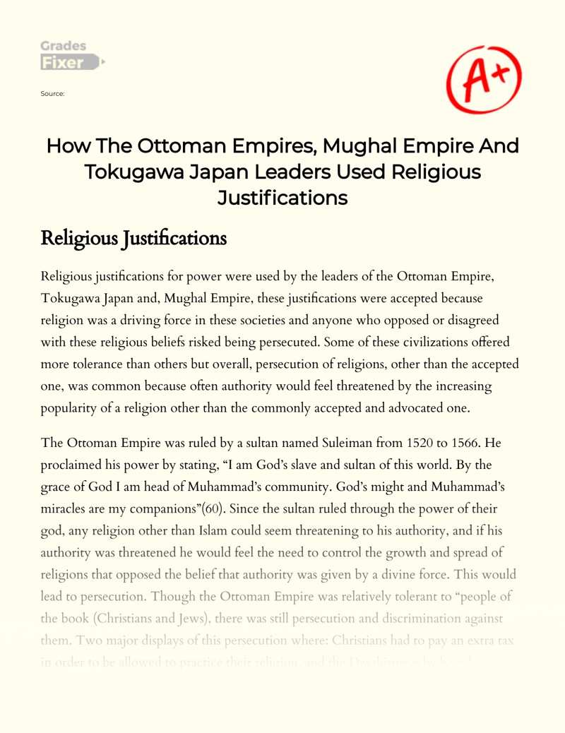 How The Ottoman Empires, Mughal Empire and Tokugawa Japan Leaders Used Religious Justifications Essay