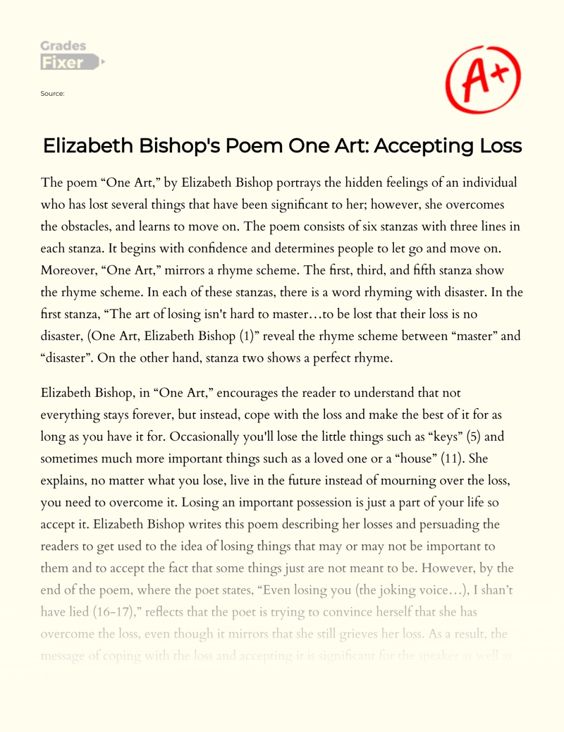 Elizabeth Bishop's Poem One Art: Accepting Loss Essay