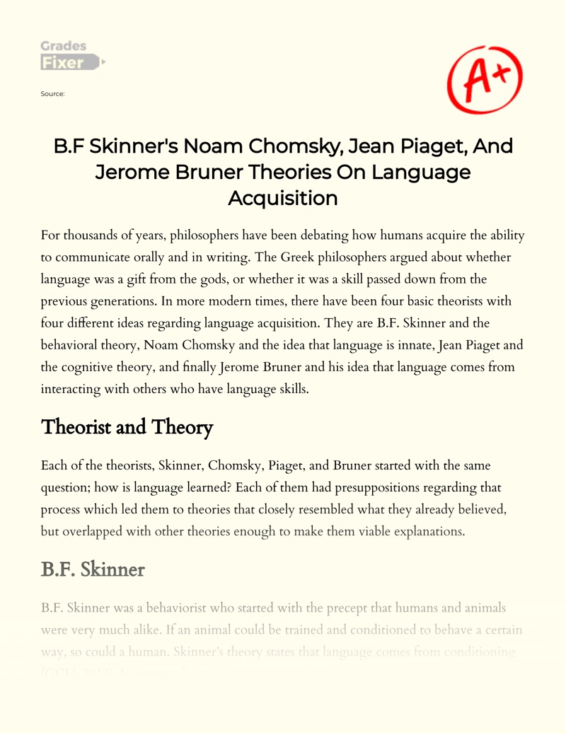 B.f Skinner's Noam Chomsky, Jean Piaget, and Jerome Bruner Theories on Language Acquisition essay
