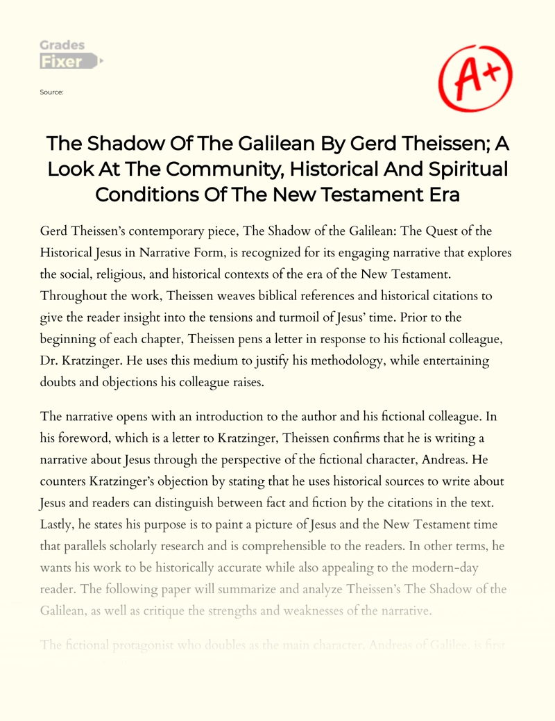 Examining The New Testament Era in "The Shadow of The Galilean" Essay