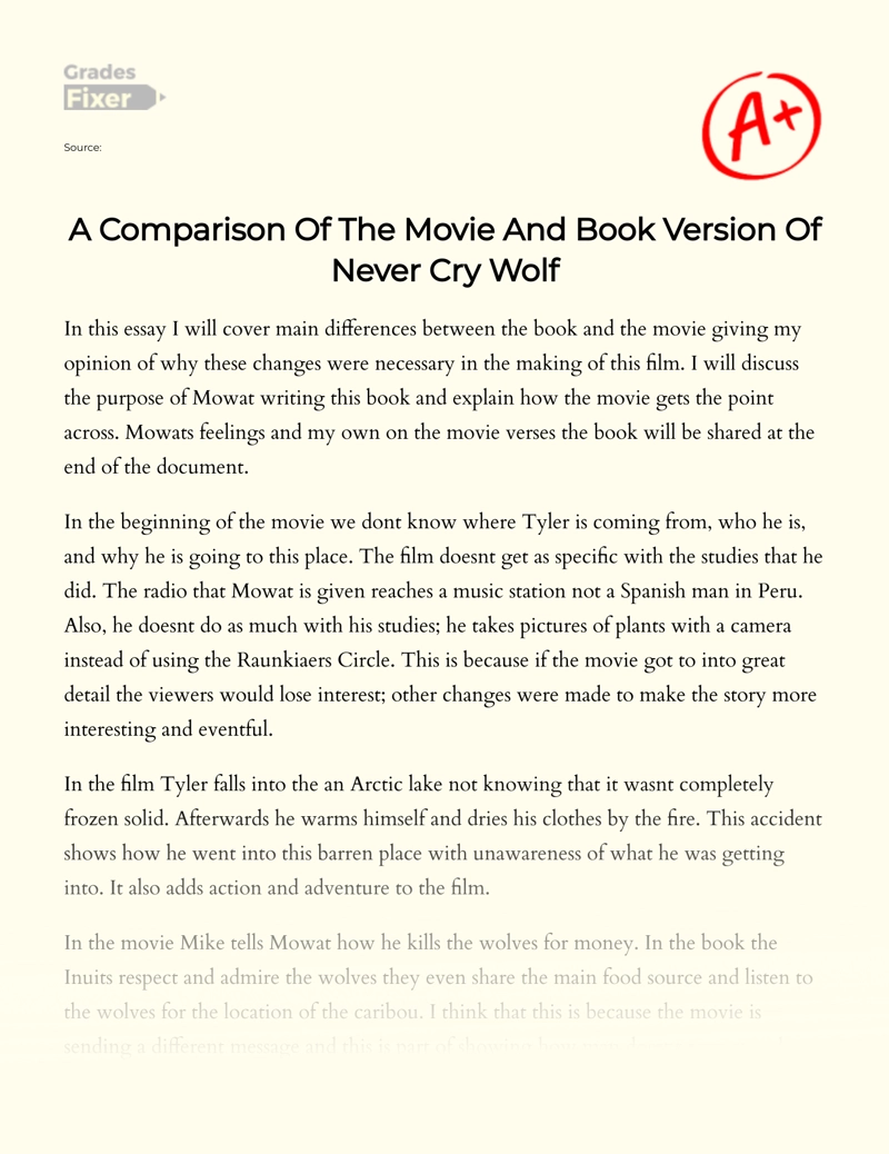 A Comparison of The Movie and Book Version of Never Cry Wolf Essay