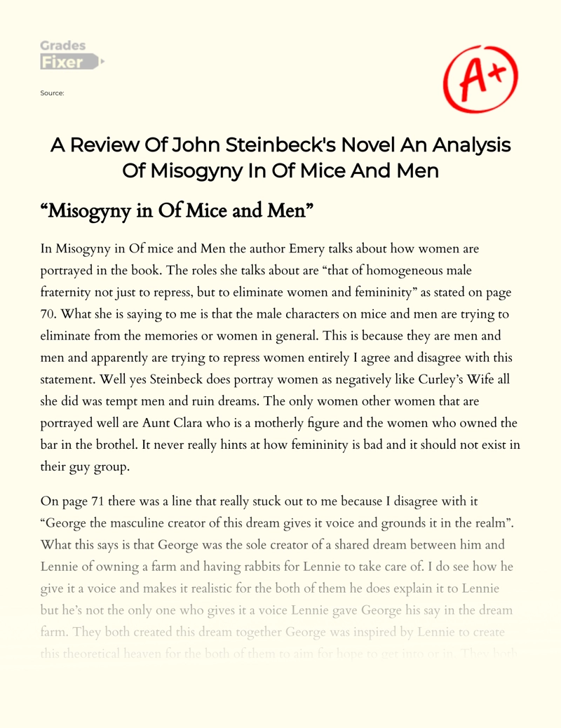 A Review of John Steinbeck's Novel an Analysis of Misogyny in of Mice and Men essay