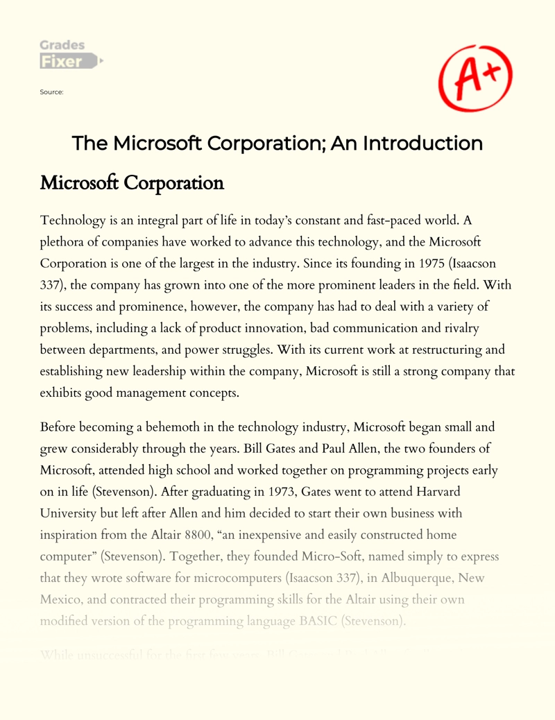 The Microsoft Corporation; an Introduction Essay