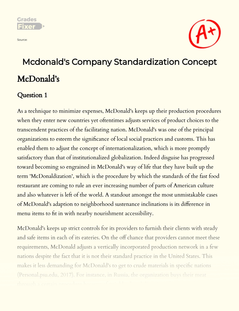 Mcdonald's Company Standardization Concept essay