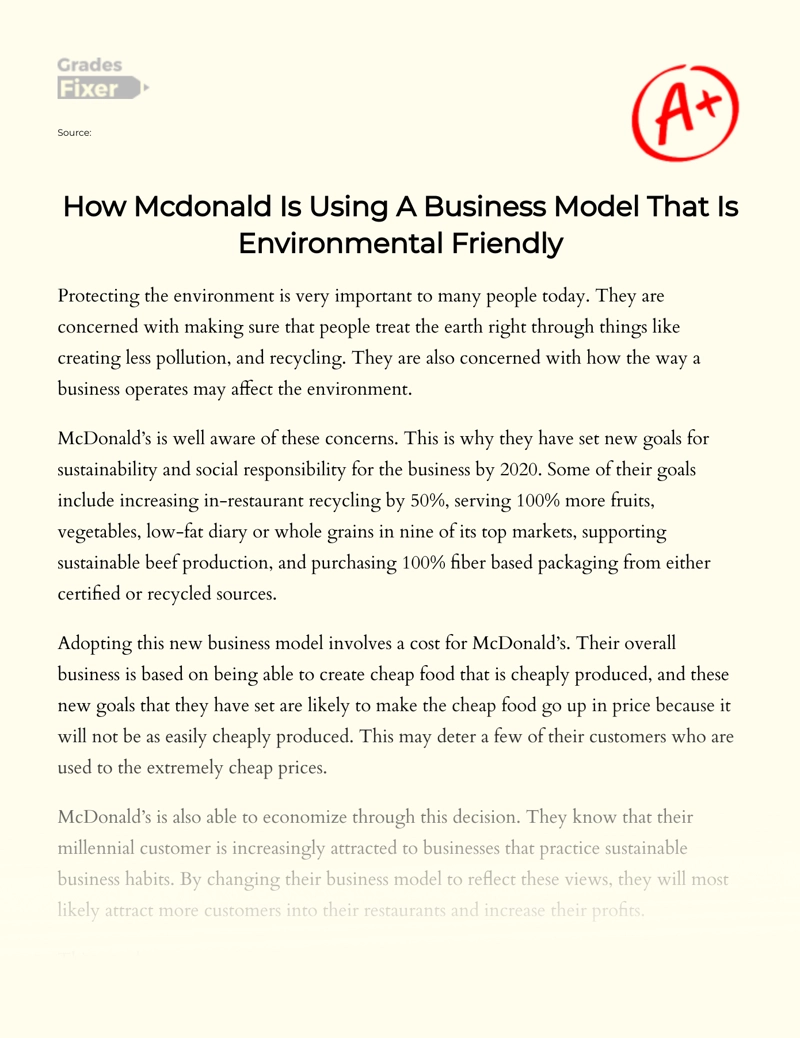 How Mcdonald is Using a Business Model that is Environmental Friendly essay