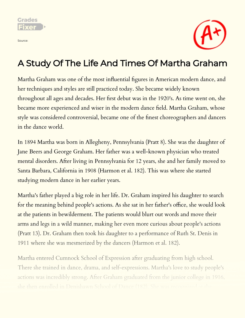 A Study of The Life and Times of Martha Graham essay
