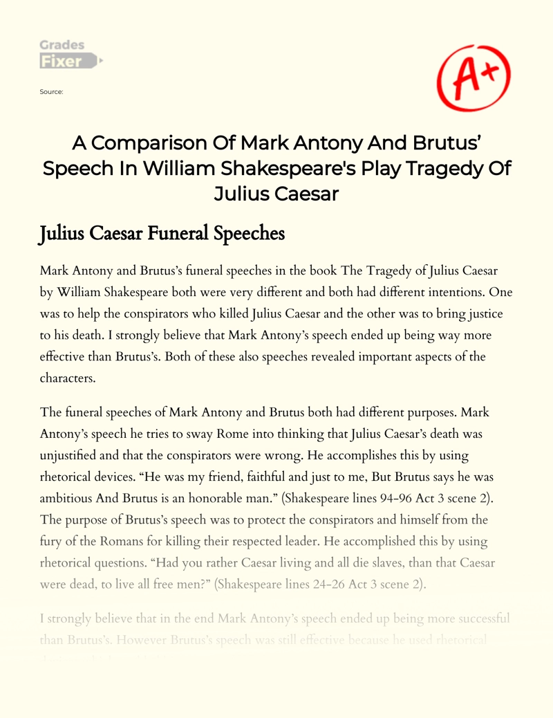 Mark Antony and Brutus’ Speeches in Shakespeare's "Julius Caesar" Essay