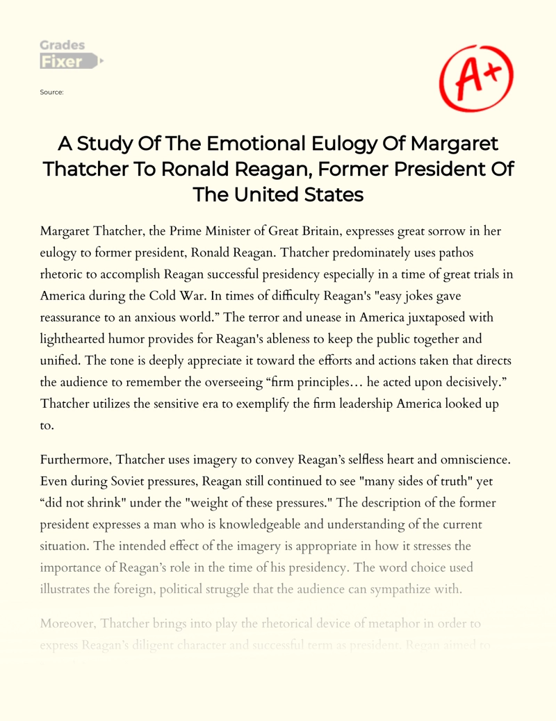 Margaret Thatcher's Eulogy to Ronald Reagan Essay