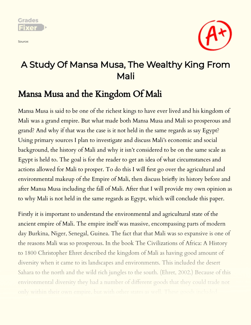 A Study of Mansa Musa, The Wealthy King from Mali essay