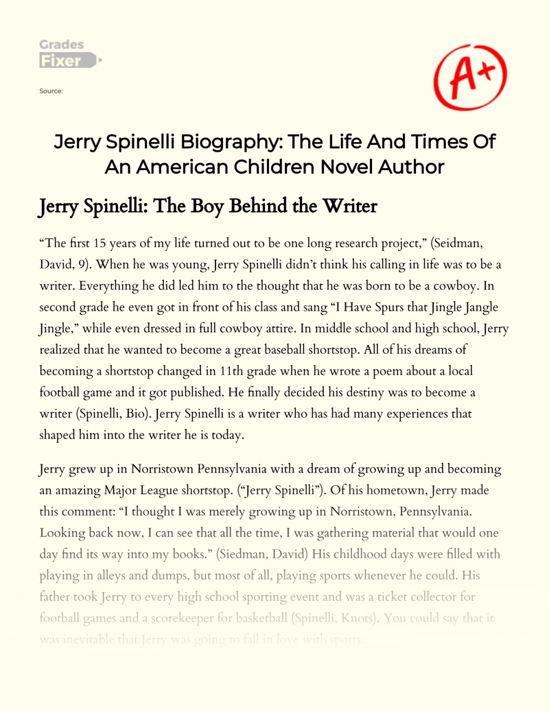 Jerry Spinelli Biography: The Life and Times of an American Children Novel Author Essay