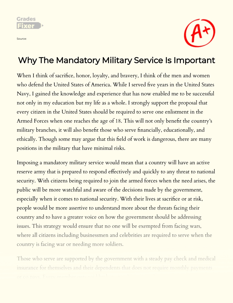 Why The Mandatory Military Service is Important Essay