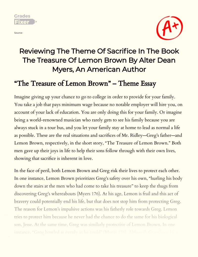 Sacrifice Theme in "The Treasure of Lemon Brown" by Walter Dean Myers Essay