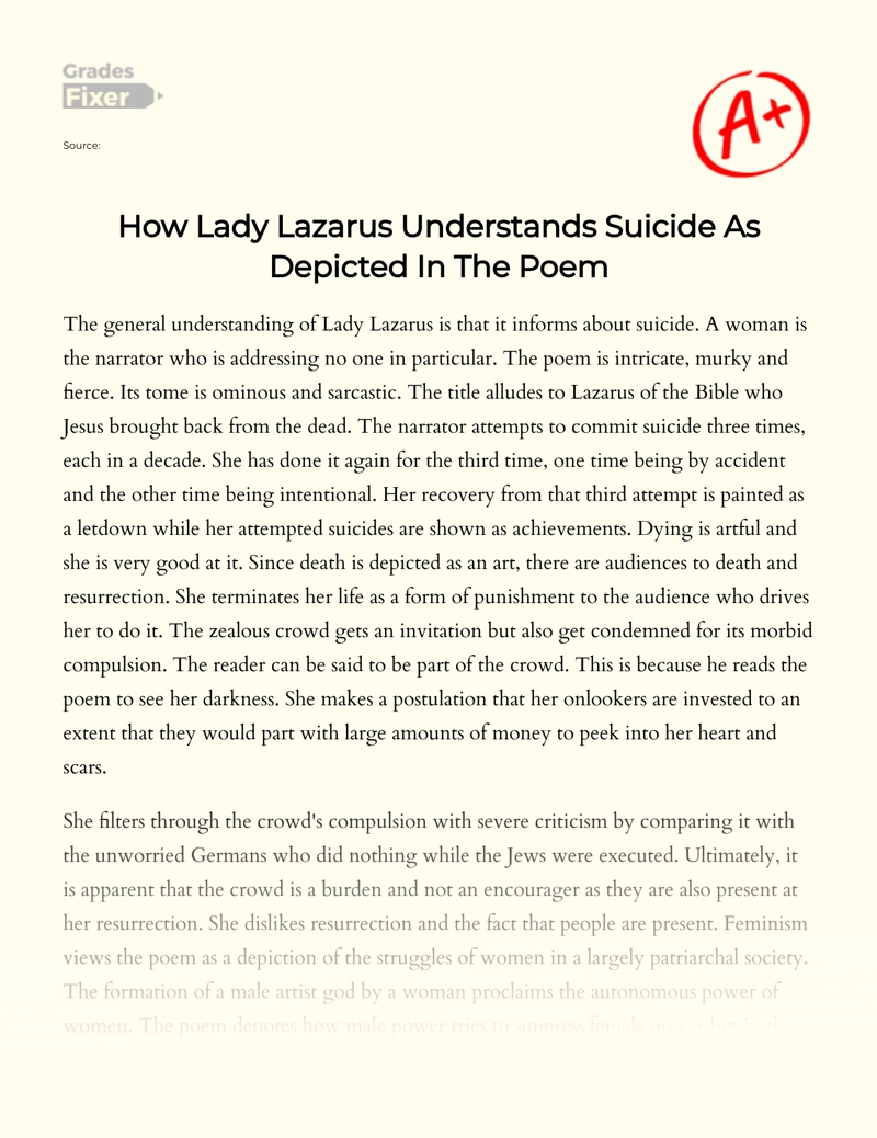 How Lady Lazarus Understands Suicide as Depicted in The Poem Essay