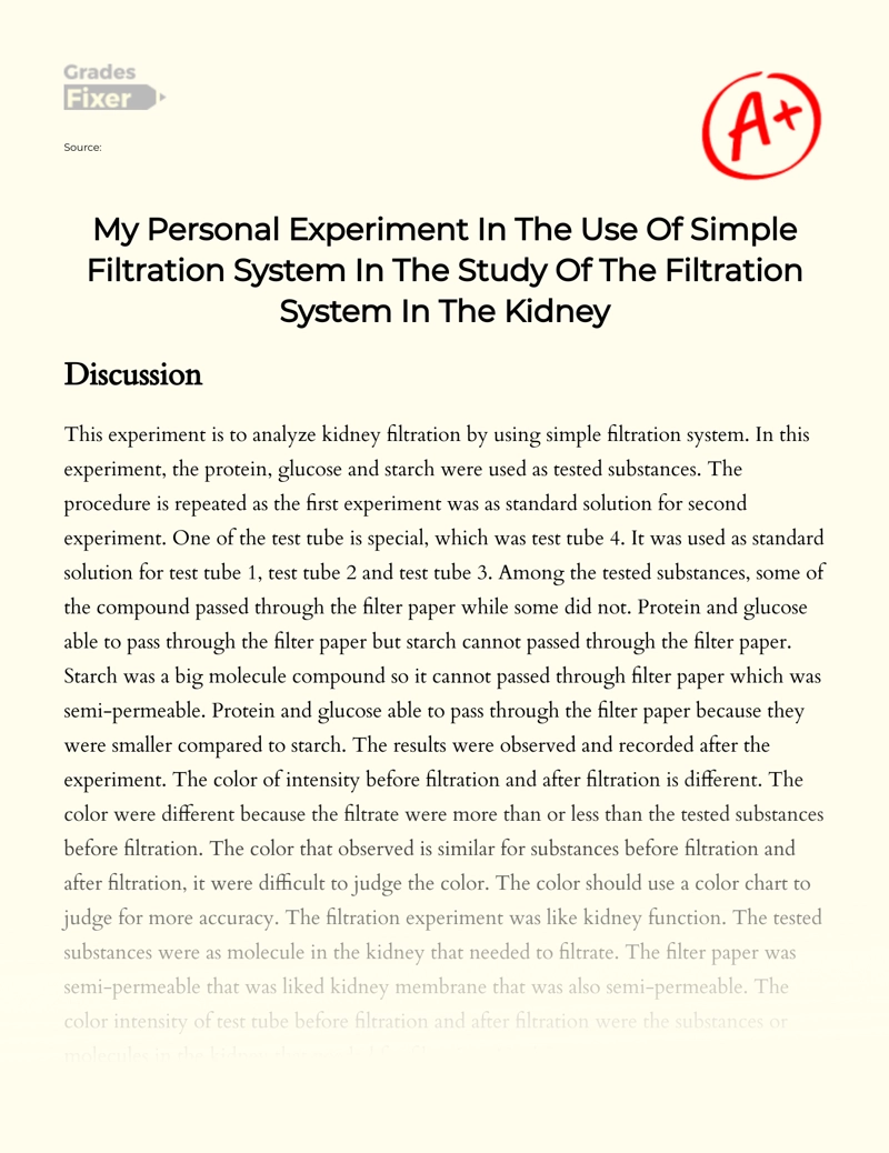 Personal Experiment with Simple Filtration System for Kidney Study Essay