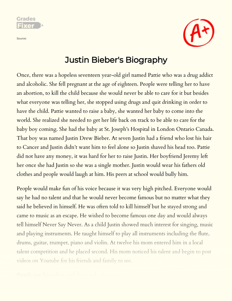 Justin Bieber's Biography Essay