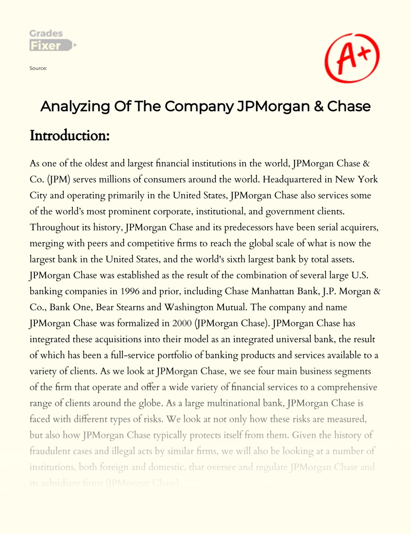Analyzing of The Company Jpmorgan & Chase Essay