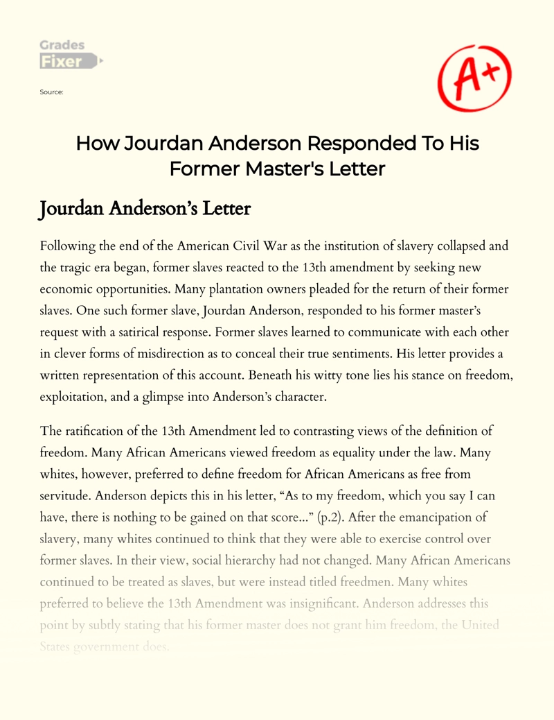 How Jourdon Anderson Responded to His Former Master's Letter Essay