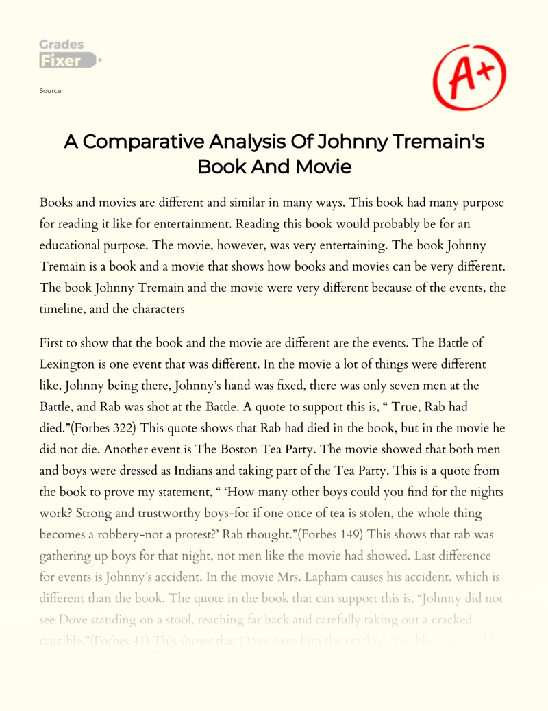 A Comparative Analysis of Johnny Tremain's Book and Movie Essay