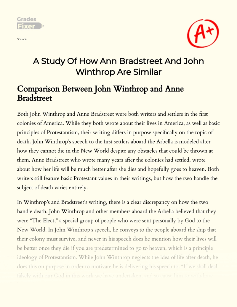 A Study of How Anne Bradstreet and John Winthrop Are Similar Essay