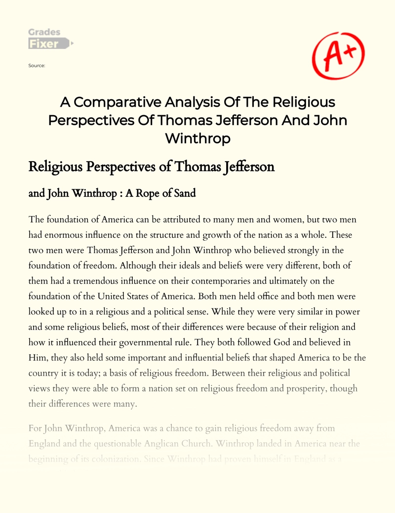 Comparing Religious Views: Jefferson Vs. Winthrop Essay