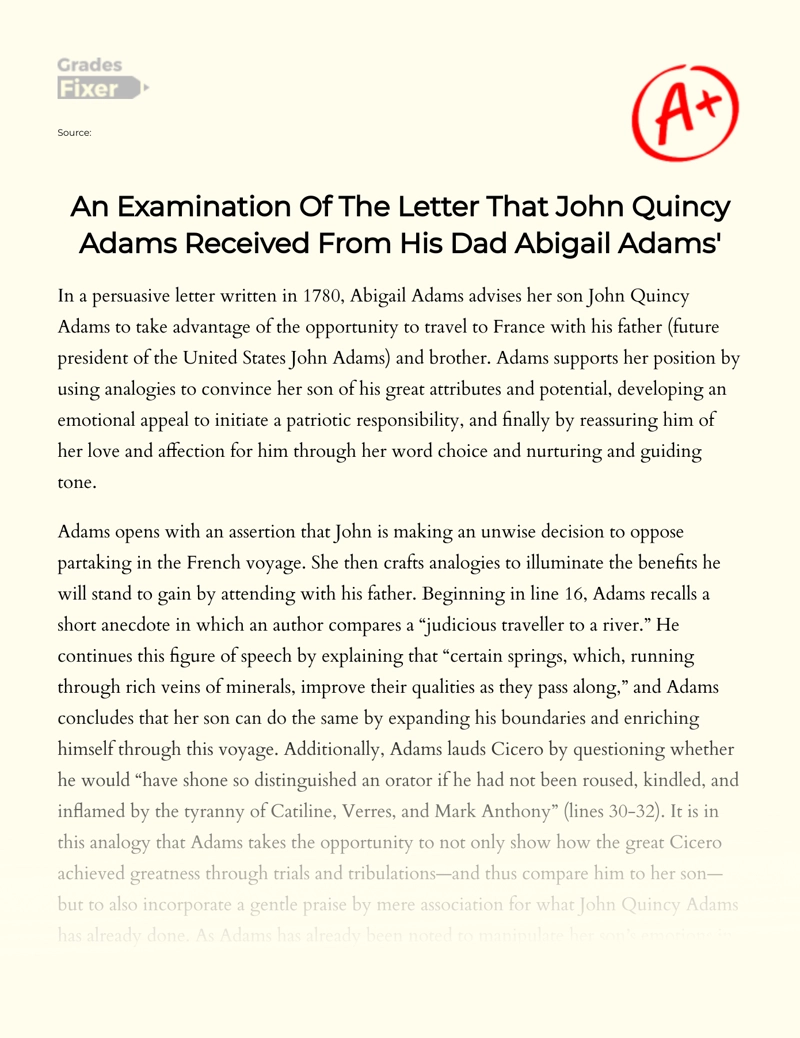 Abigail Adams Letter to John Quincy Adams: Research and Analysis essay