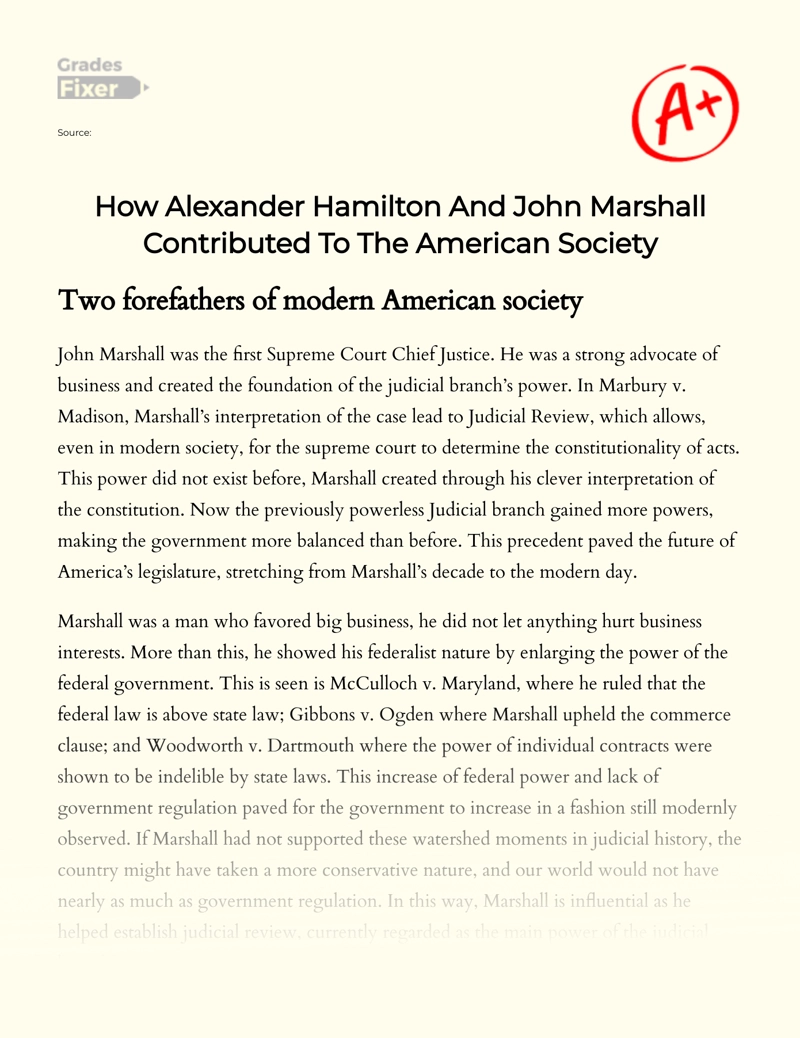 How Alexander Hamilton and John Marshall Contributed to The American Society Essay