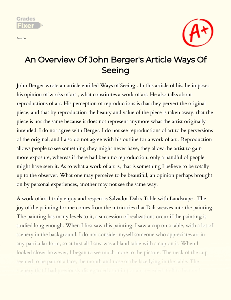 An Overview of John Berger's Article Ways of Seeing Essay