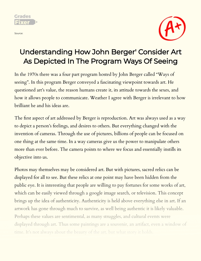 Understanding How John Berger' Consider Art as Depicted in The Program Ways of Seeing Essay