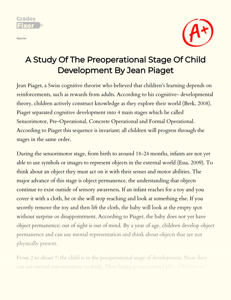 A Study of The Preoperational Stage of Child Development by Jean Piaget essay
