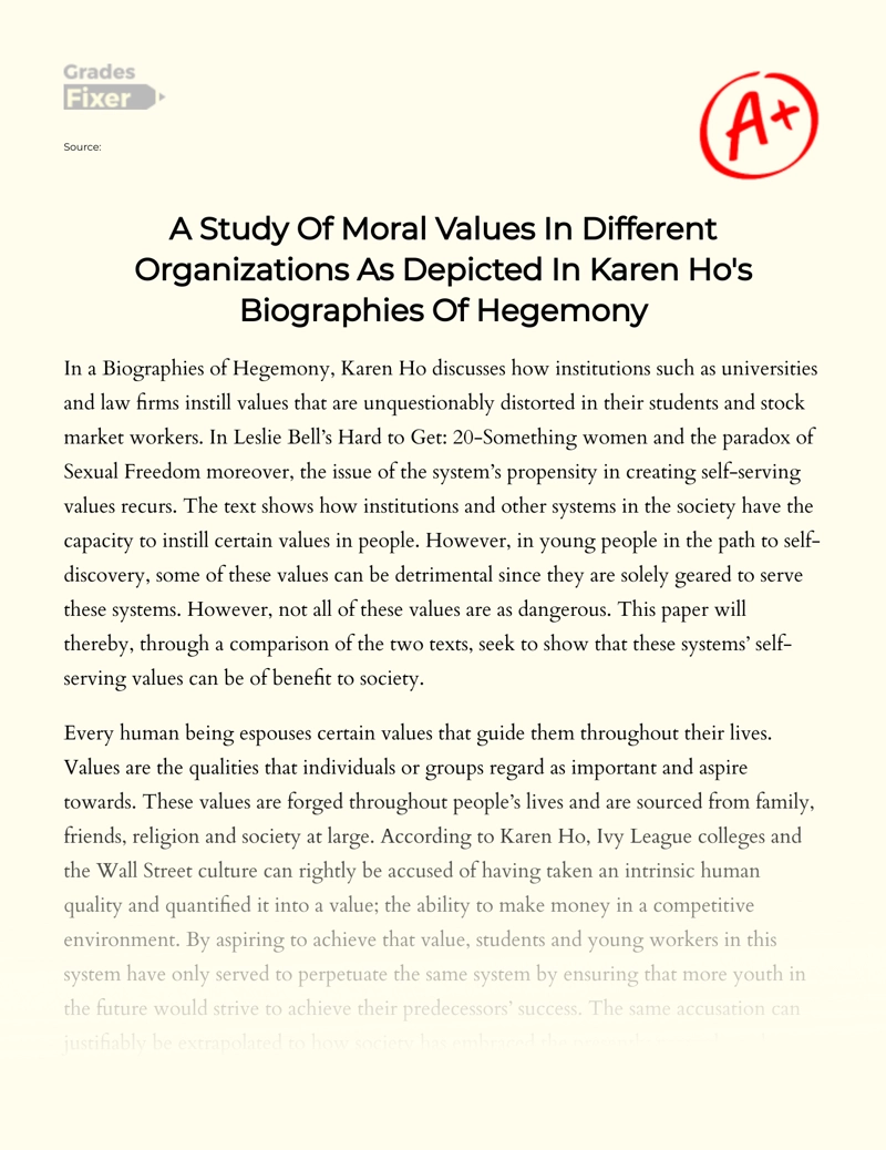 Karen Ho's Biographies of Hegemony: Summary and Study of Moral Values Essay