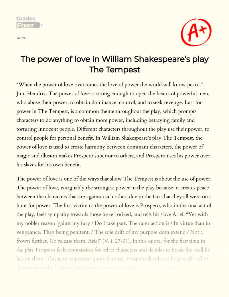 The Power of Love in William Shakespeare’s Play The Tempest Essay
